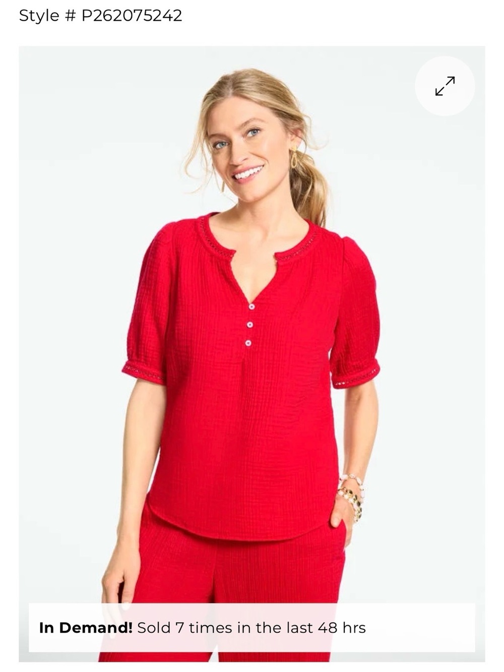 Talbots gauze Women's Red Short-Sleeve Button Henley Top
